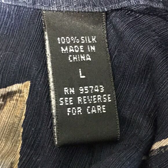 Brandini Pure Silk Hawaiian Shirt Men's L Navy Tan Floral SS Top Loop Button Up - Picture 10 of 11